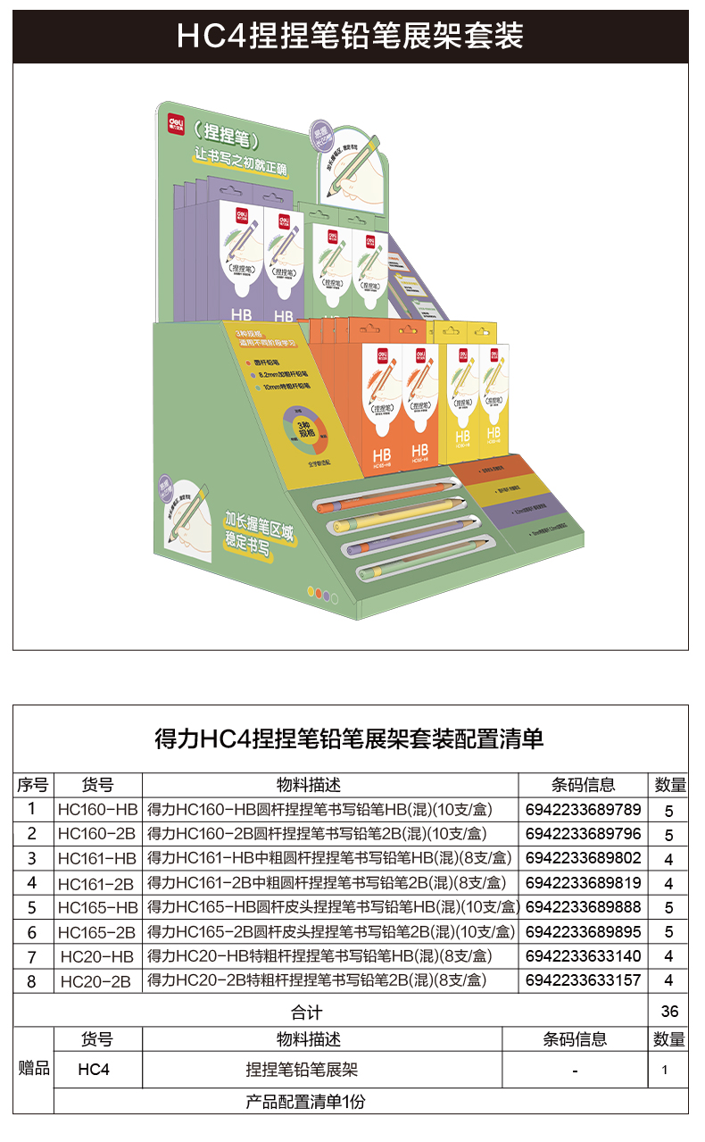 尊龙凯时HC4圆杆捏捏笔誊写铅笔展架套装(混)(套)